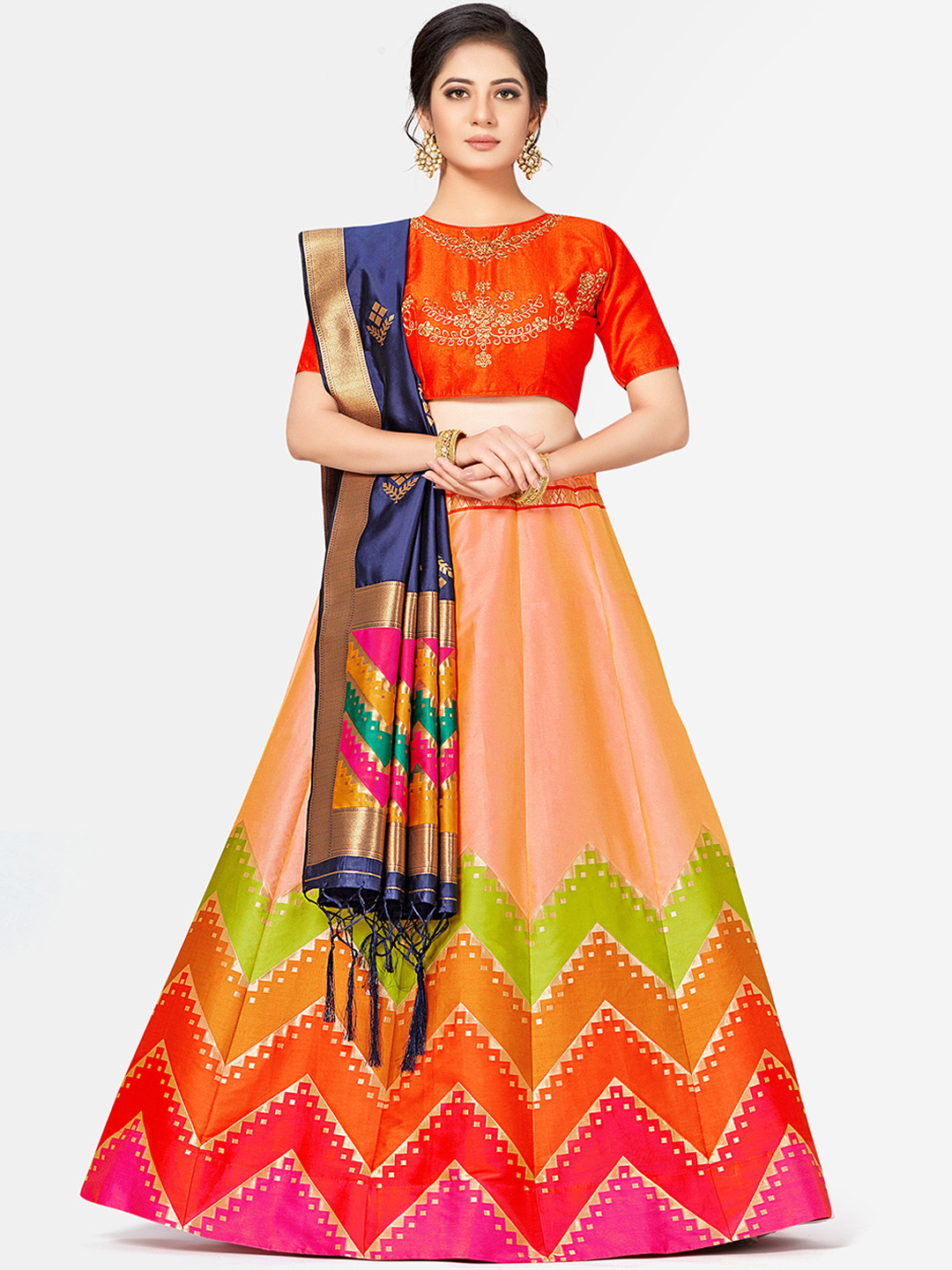 

MIMOSA Orange & Blue Embroidered Semi-Stitched Lehenga & Blouse with Dupatta