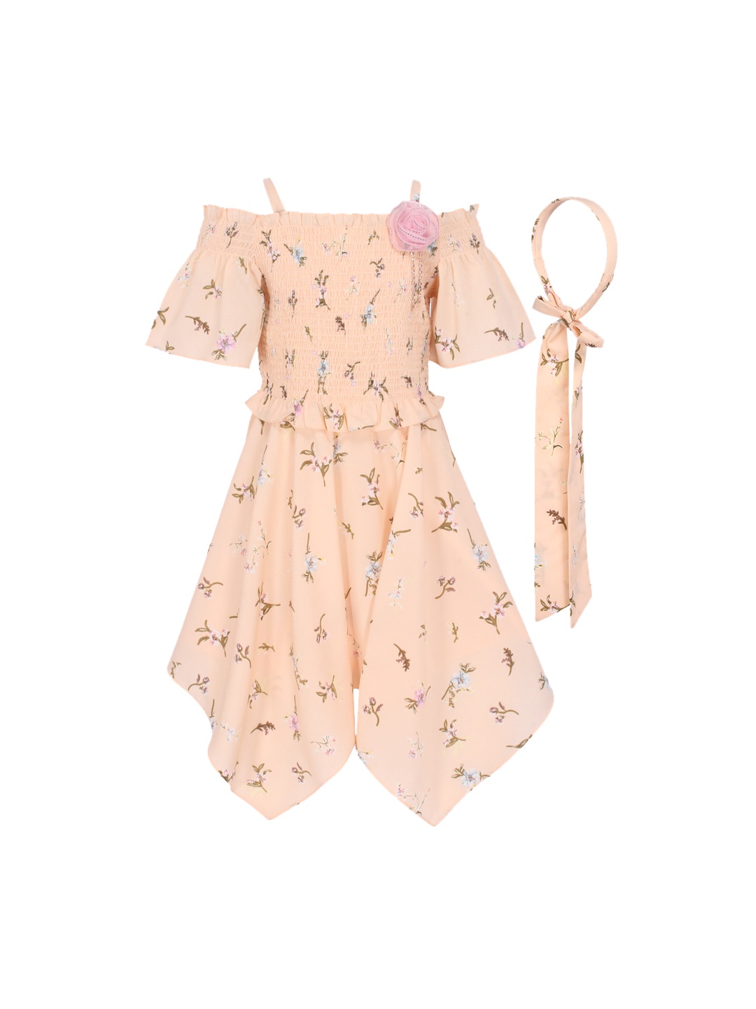 

CUTECUMBER Girls Peach-Coloured Printed Fit and Flare Dress with Hairband