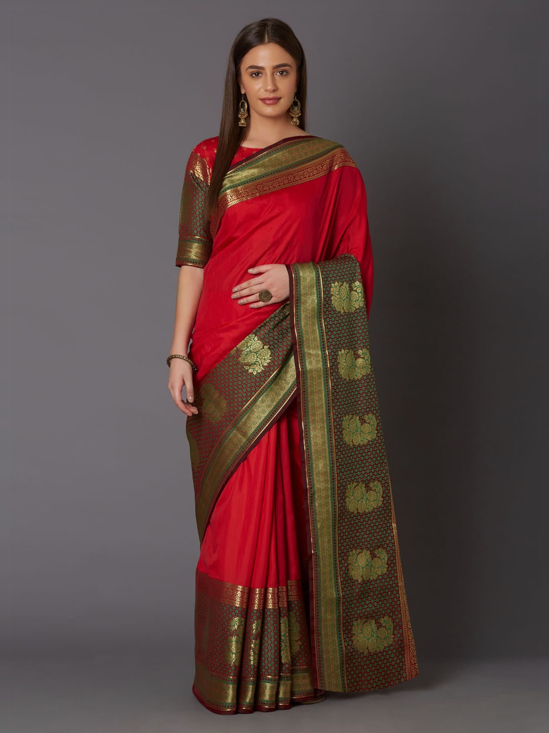 

Mitera Red & Brown Silk Blend Solid Banarasi Saree