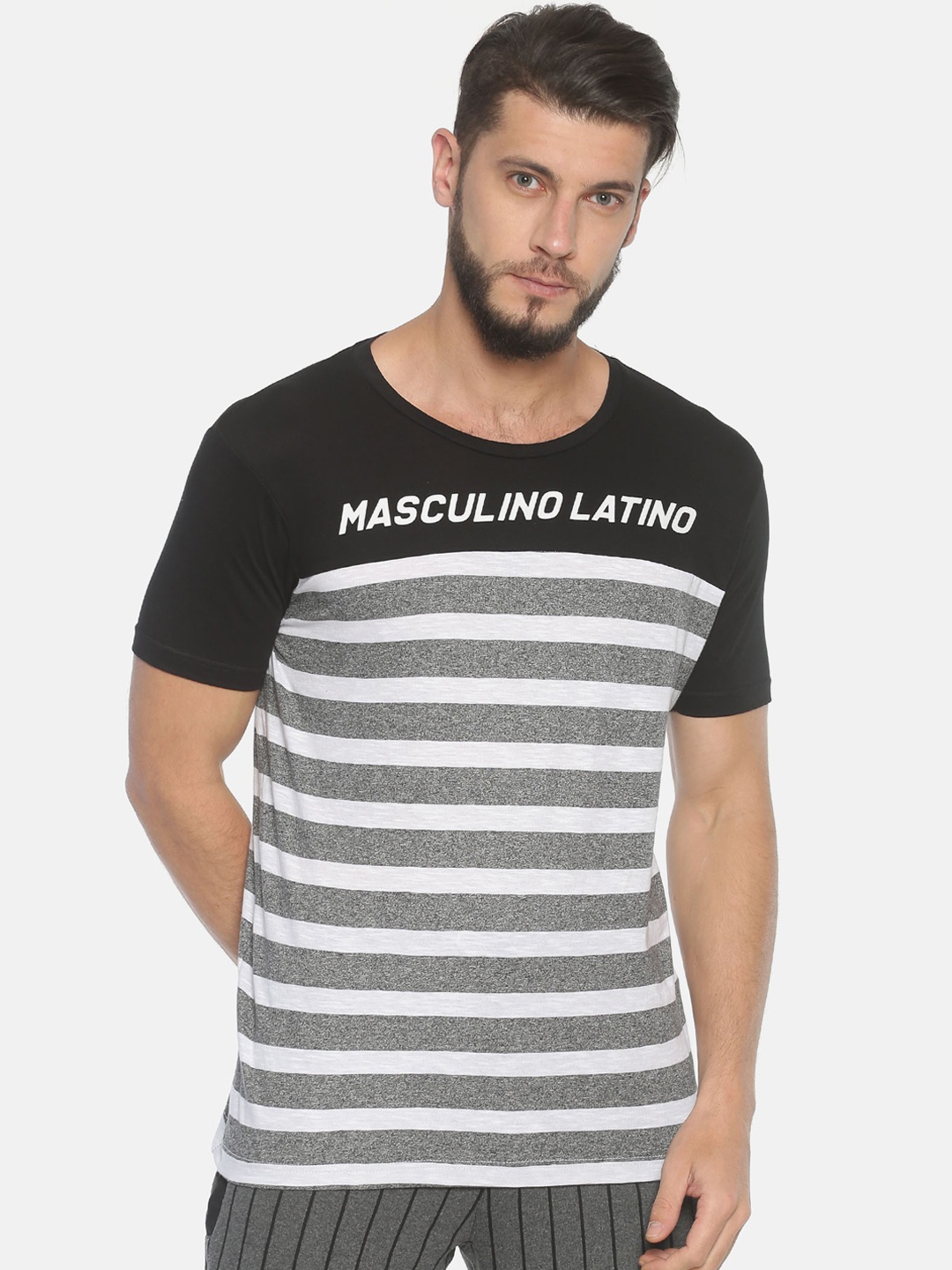 

Masculino Latino Men Black Grey Striped Round Neck Pure Cotton T-shirt