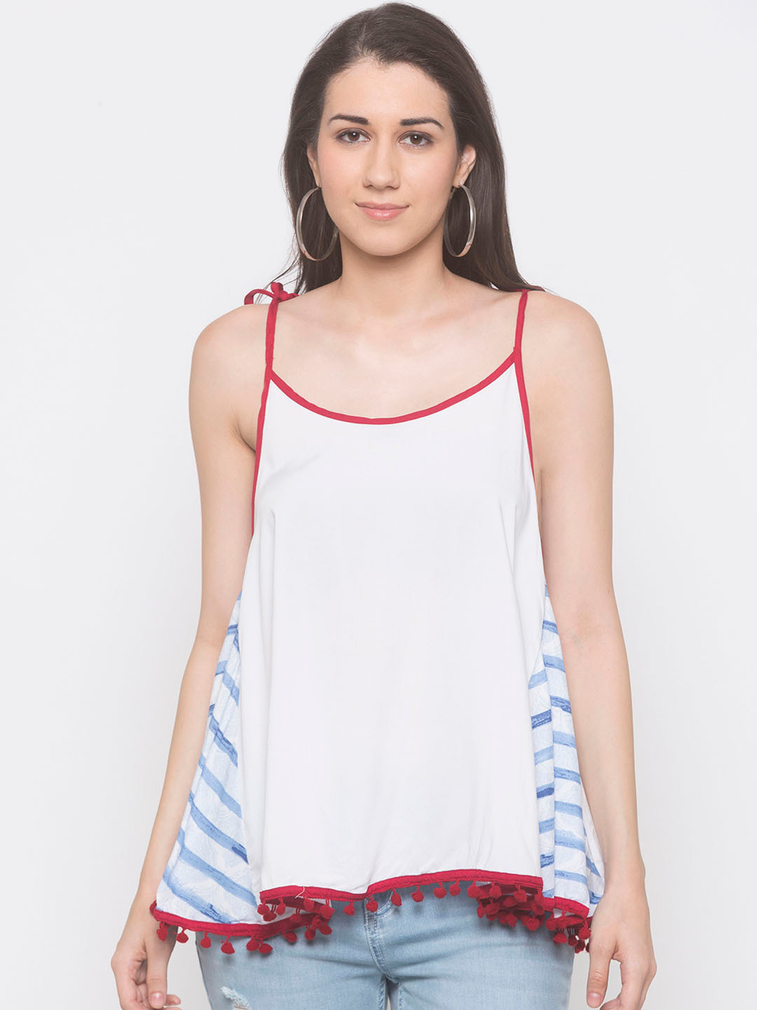 

Globus Women White & Blue Solid A-Line Top