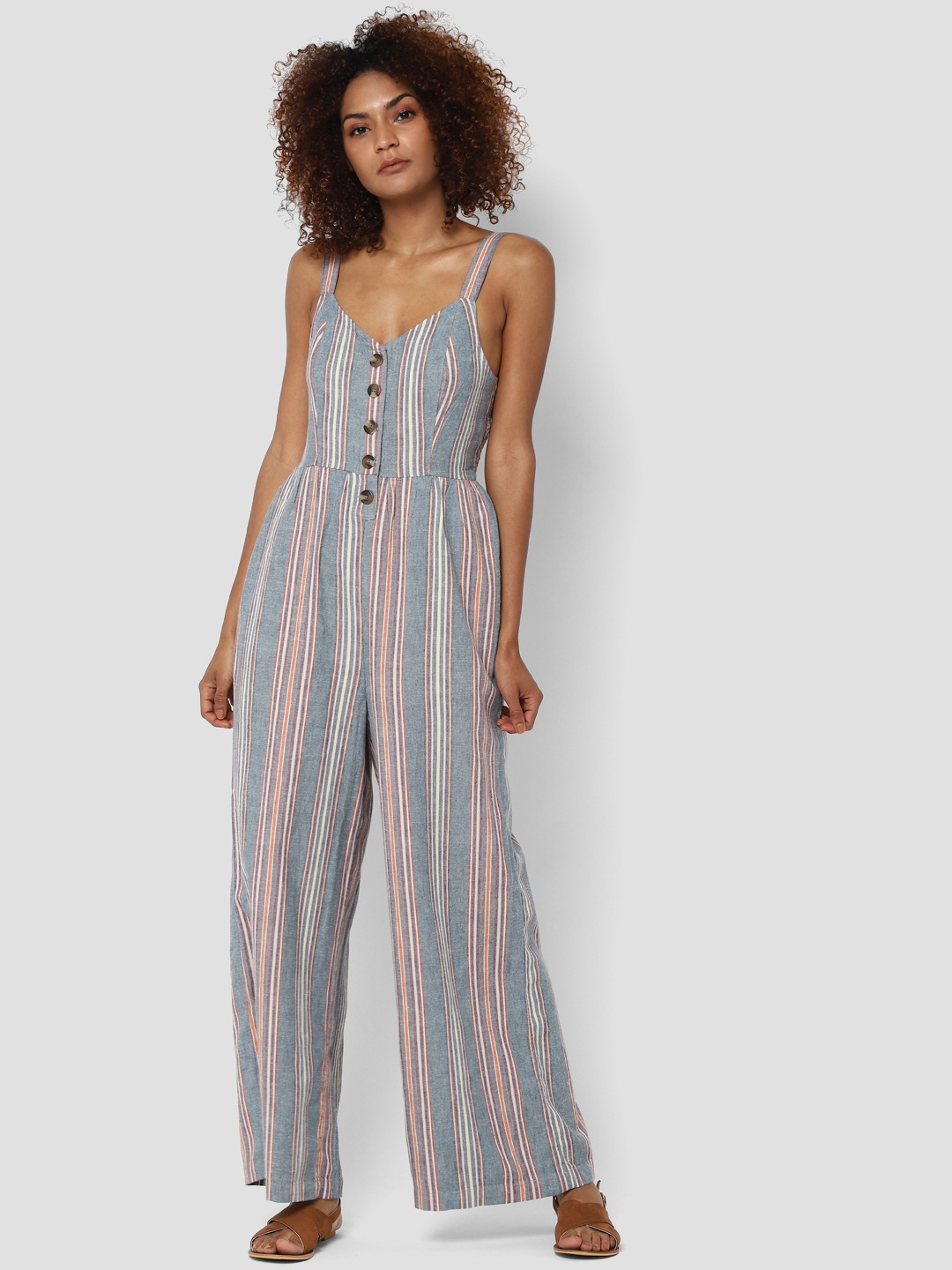 

AMERICAN EAGLE OUTFITTERS Women Blue Striped Basic Jumpsuit