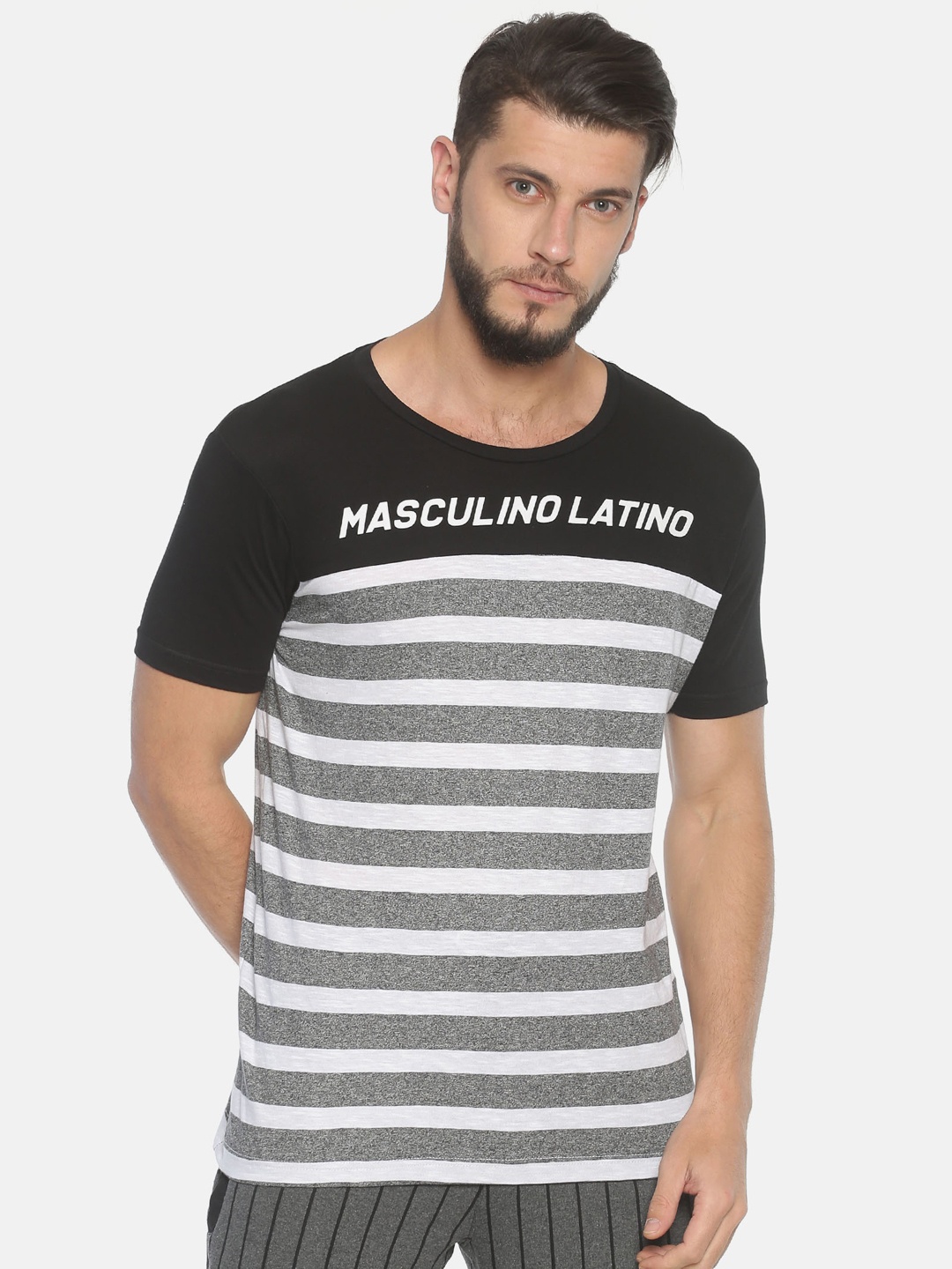 

Masculino Latino Men Black Grey Striped Round Neck Pure Cotton T-shirt