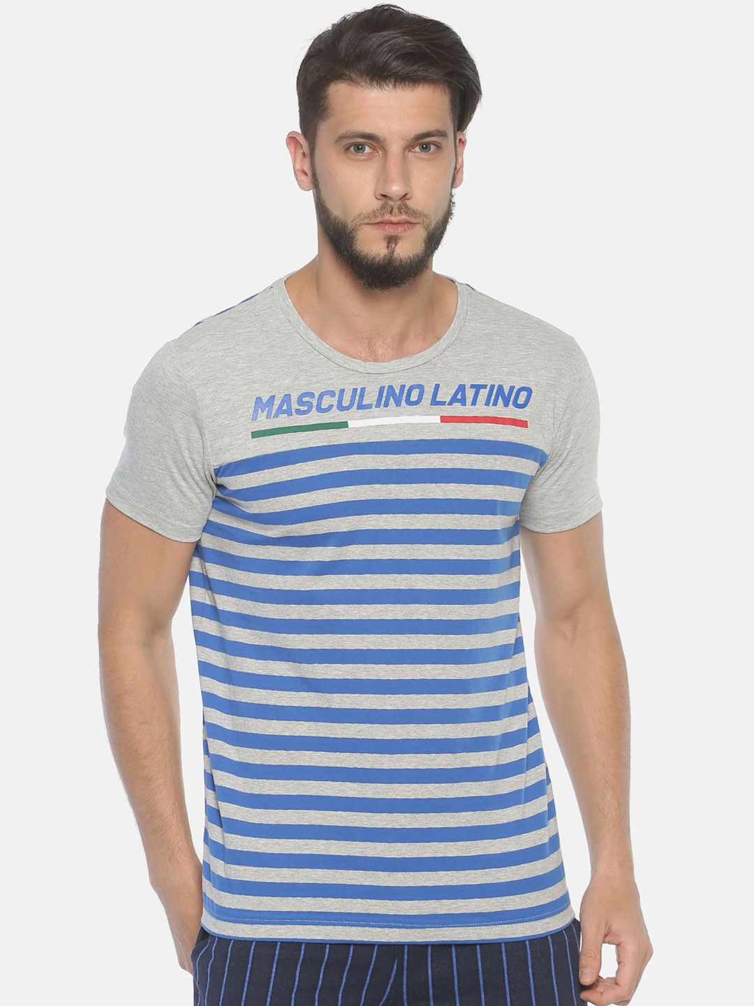 

Masculino Latino Men Grey Melange Blue Striped Round Neck Pure Cotton T-shirt