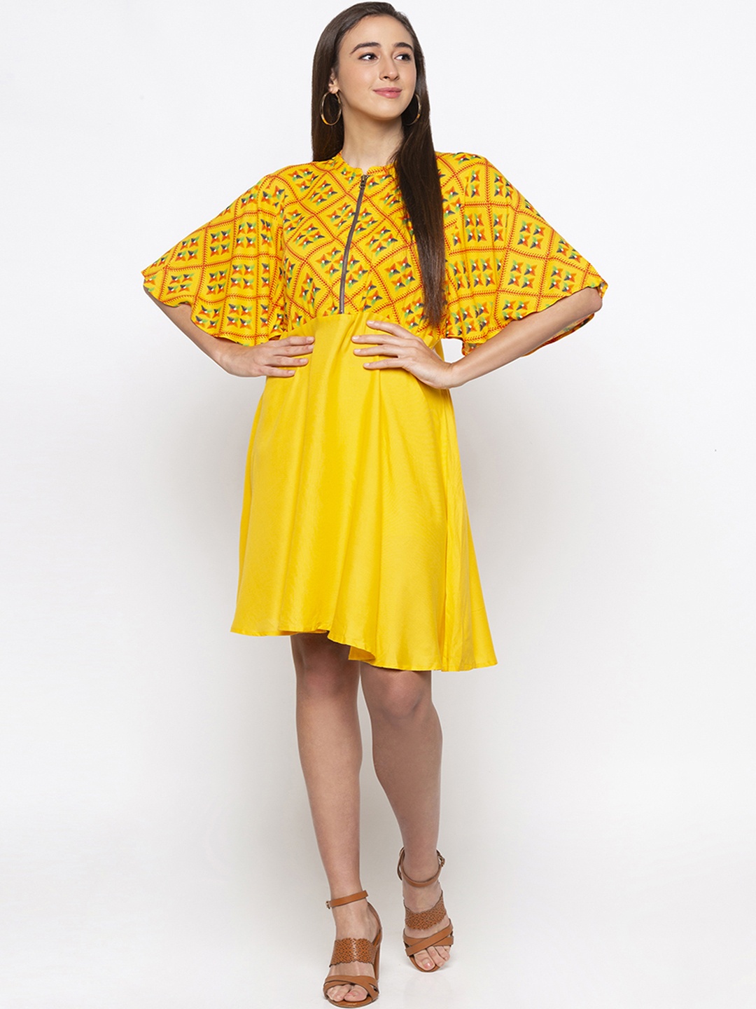 

Globus Women Yellow Printed Fit and Flare Dress