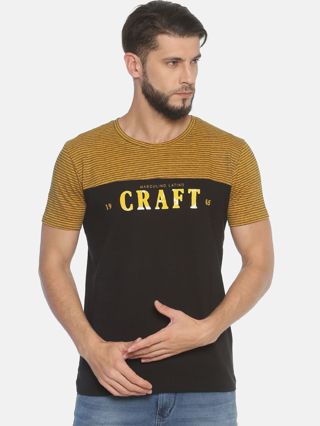 

Masculino Latino Men Black Yellow Colourblocked Round Neck Pure Cotton T-shirt