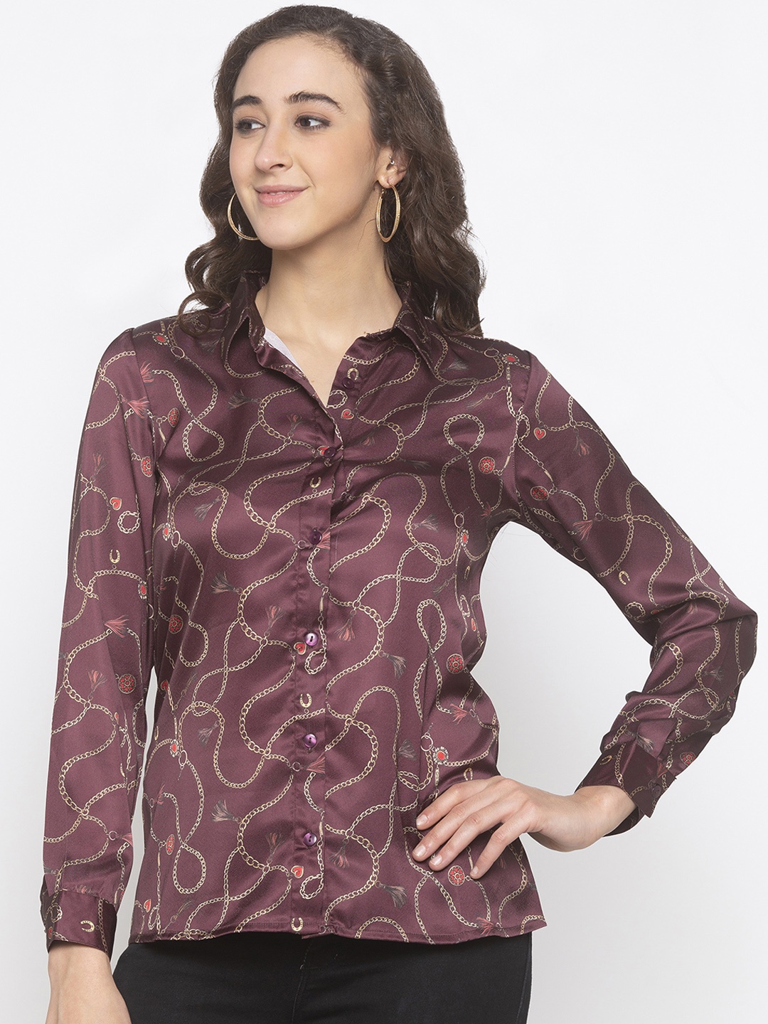 Globus Women Burgundy & Gold-Toned Regular Fit Printed Casual Shirt