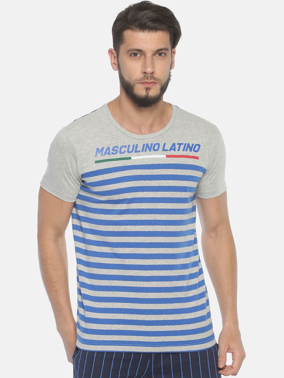 

Masculino Latino Men Grey Blue Striped Round Neck Pure Cotton T-shirt