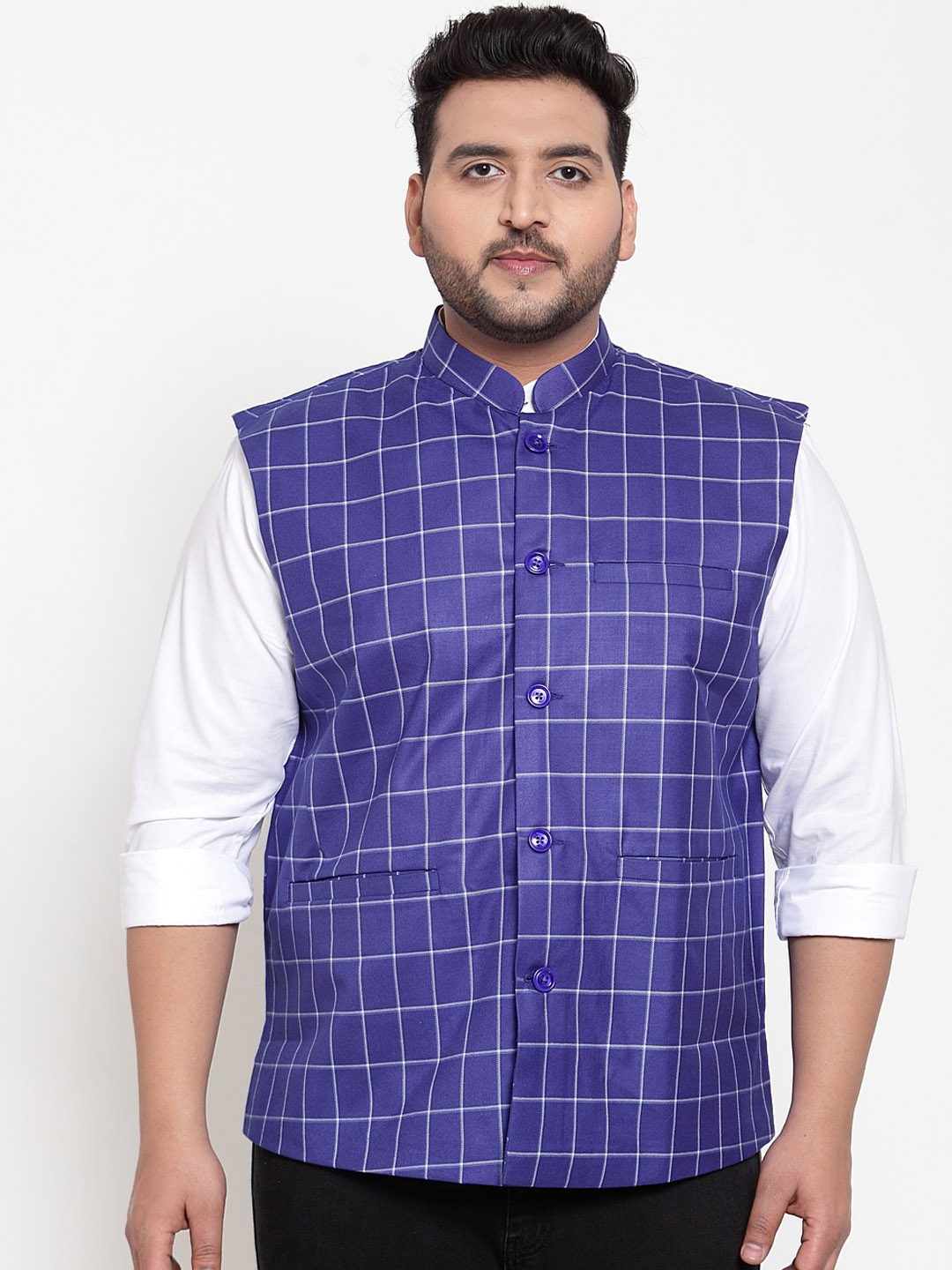 plusS Men Blue & White Checked Waistcoat