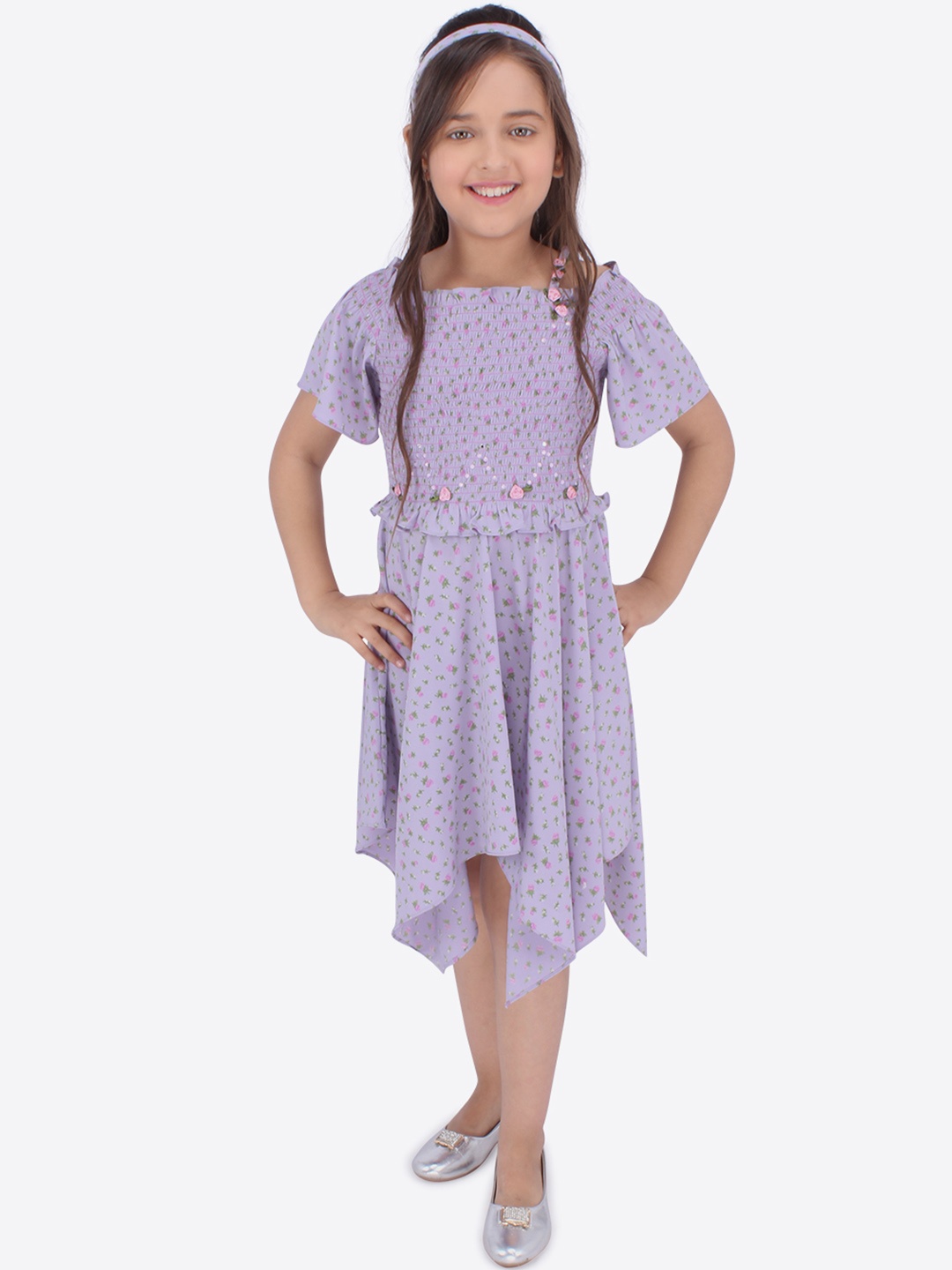 

CUTECUMBER Girls Purple Printed Fit and Flare Dress with Hairband