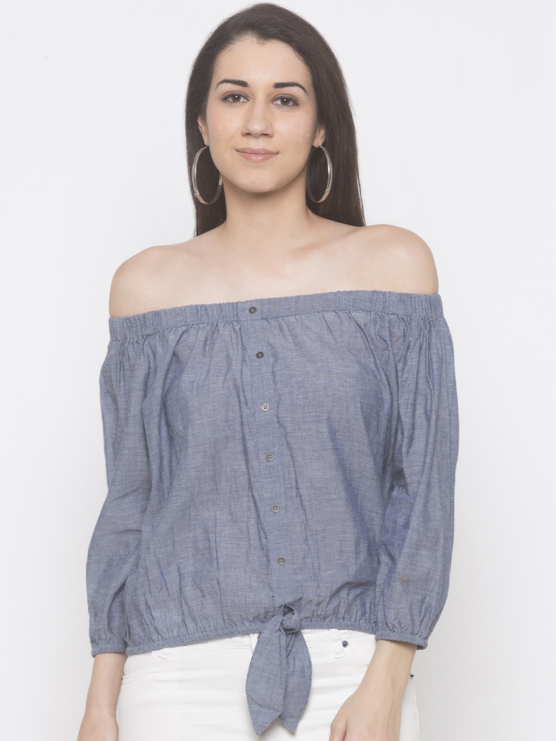

Globus Women Blue Solid Bardot Pure Cotton Top