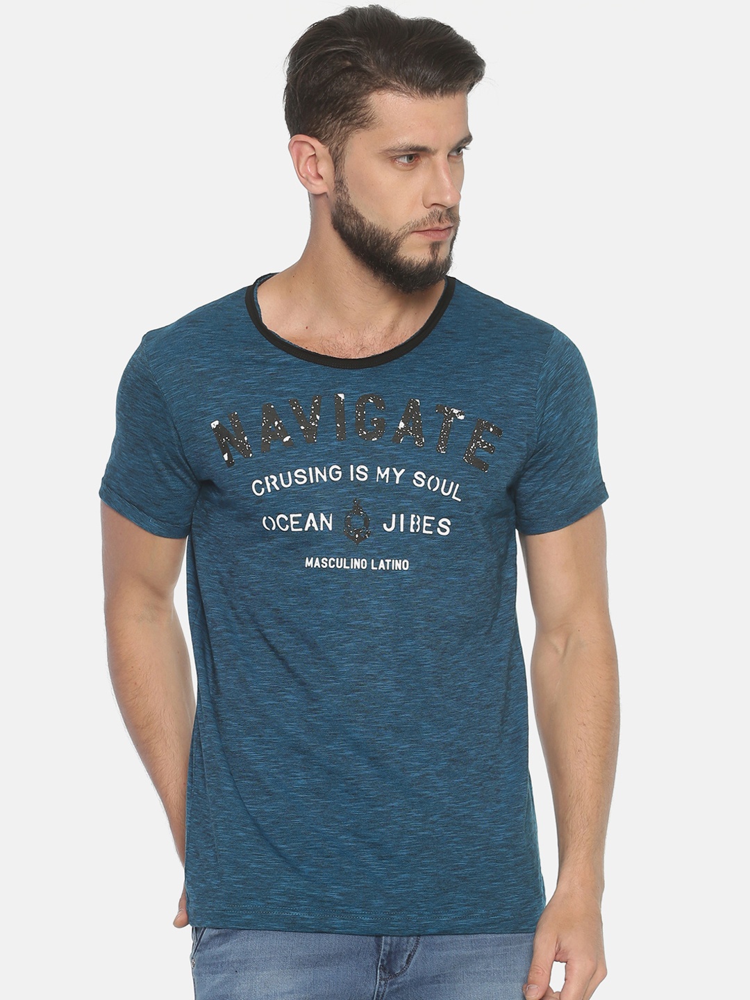 

Masculino Latino Men Teal Green Off-White Printed Round Neck Pure Cotton T-shirt