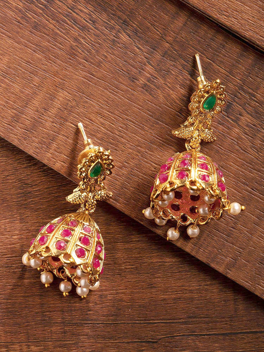 

Zaveri Pearls Pink Gold Plated Dome Shaped Jhumkas