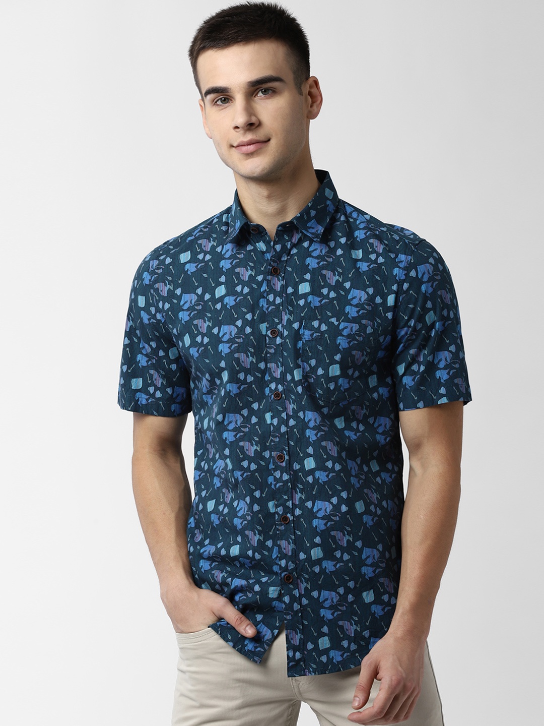 Peter England Casuals Men Blue Slim Fit Printed Casual Shirt