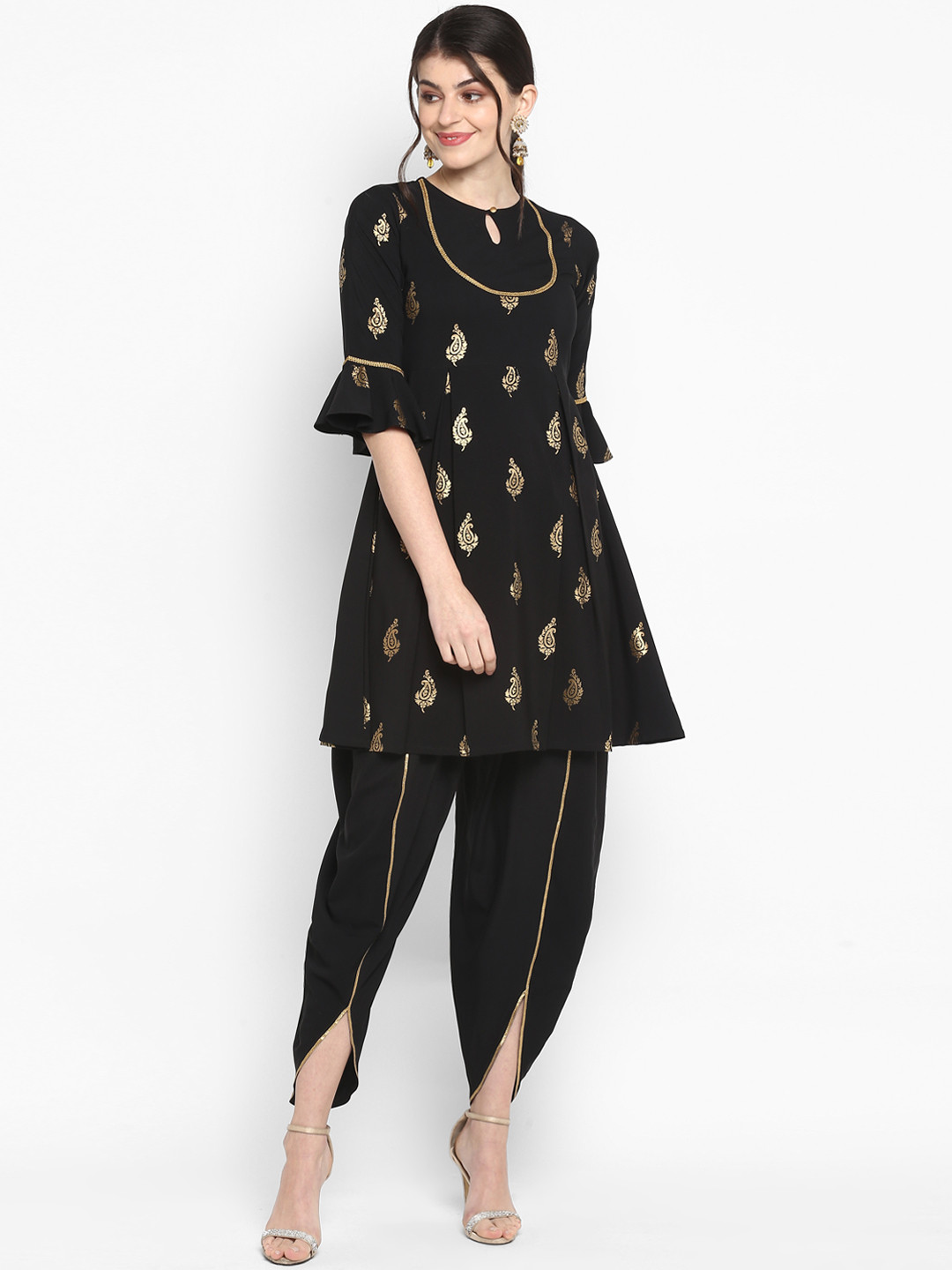 

Janasya Women Black & Gold-Toned Printed Kurta with Dhoti Pants