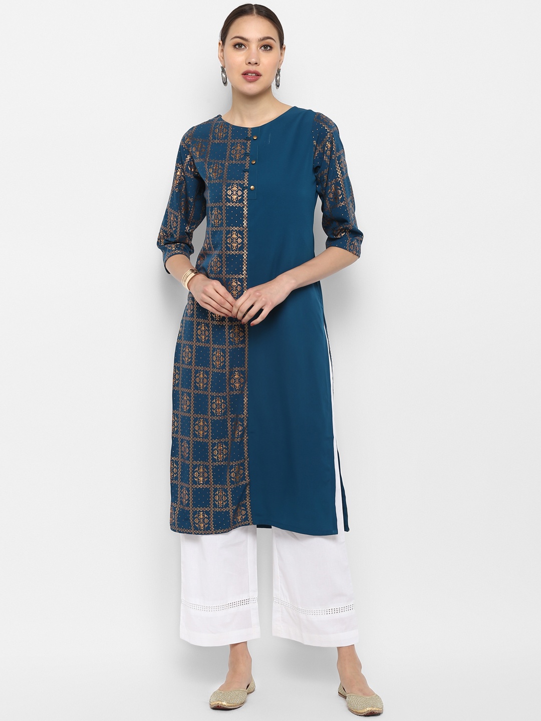 

Janasya Women Turquoise Blue & Gold-Toned Printed Straight Kurta