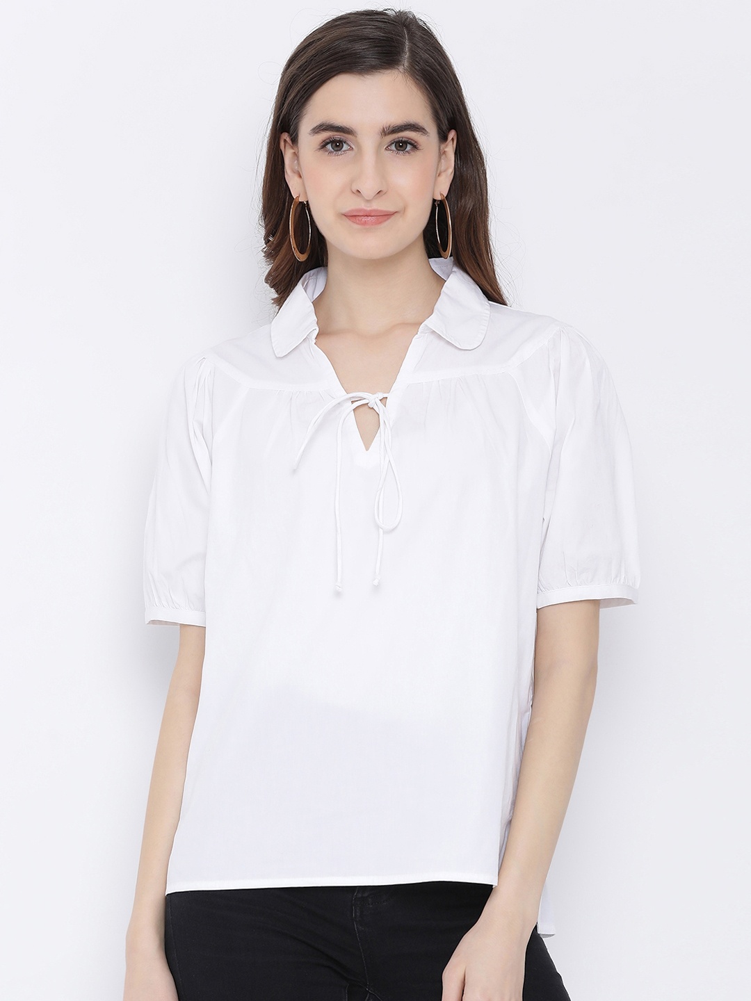 

Oxolloxo Women White Solid Shirt Style Pure Cotton Top