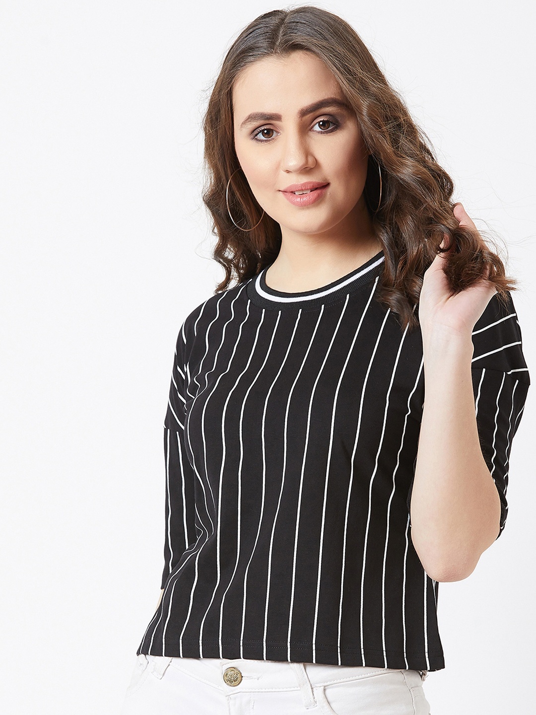 

The Dry State Women Black & White Striped Round Neck T-shirt