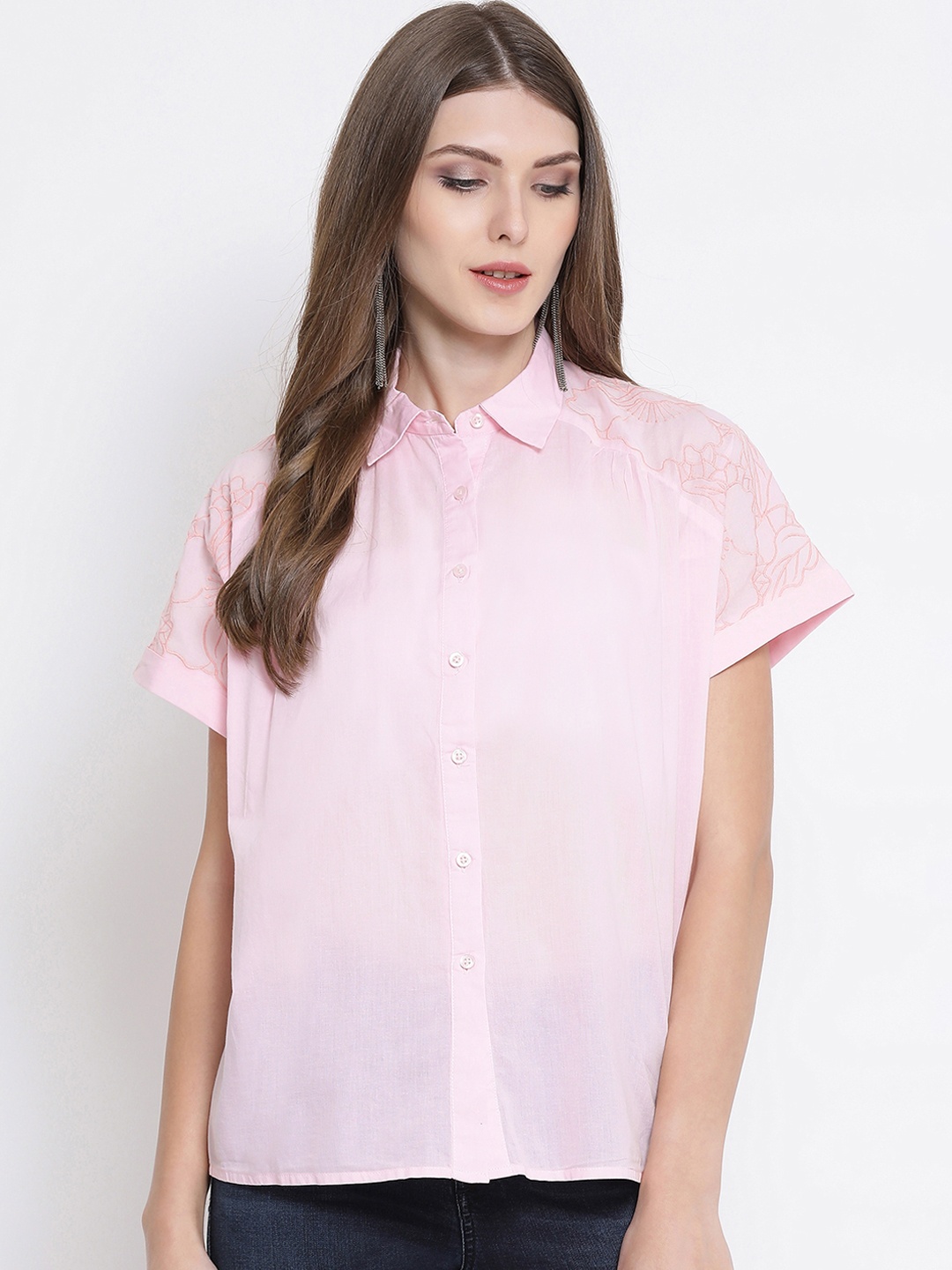 Oxolloxo Women Pink Regular Fit Solid Casual Shirt