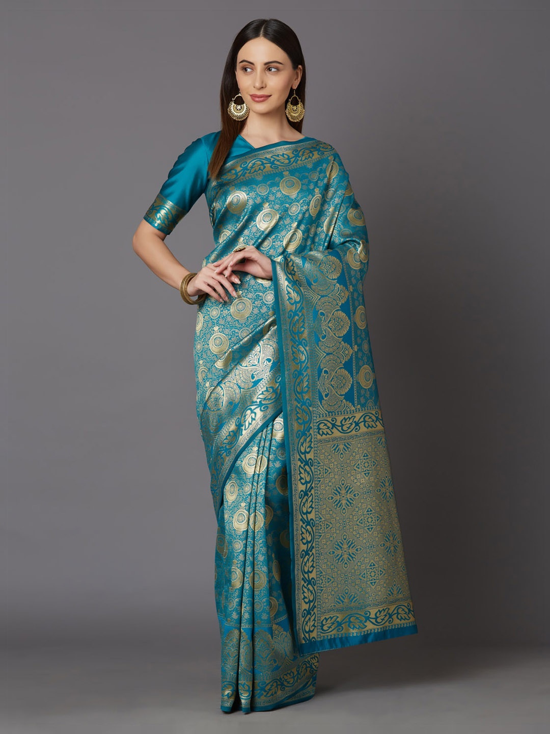 

Mitera Turquoise Blue & Gold-Toned Silk Blend Woven Design Kanjeevaram Saree