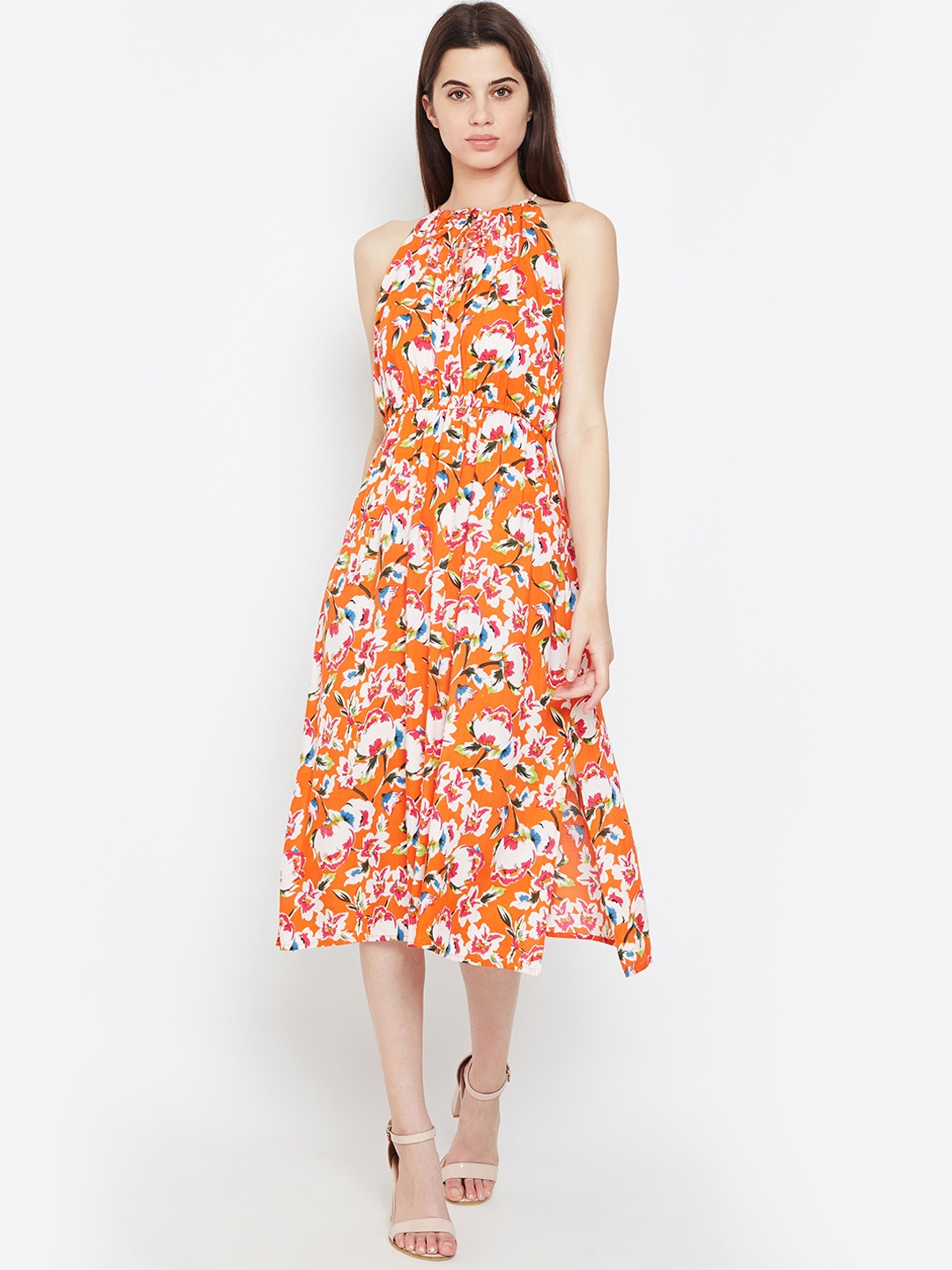 

Oxolloxo Women Orange & White Printed Fit and Flare Dress