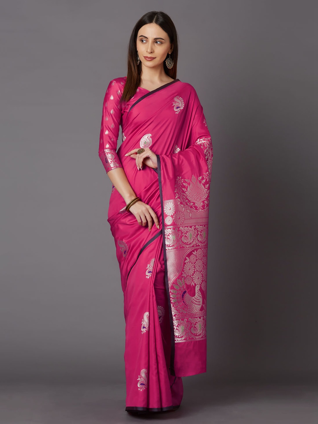 

Mitera Pink & Silver-Toned Silk Blend Woven Design Kanjeevaram Saree