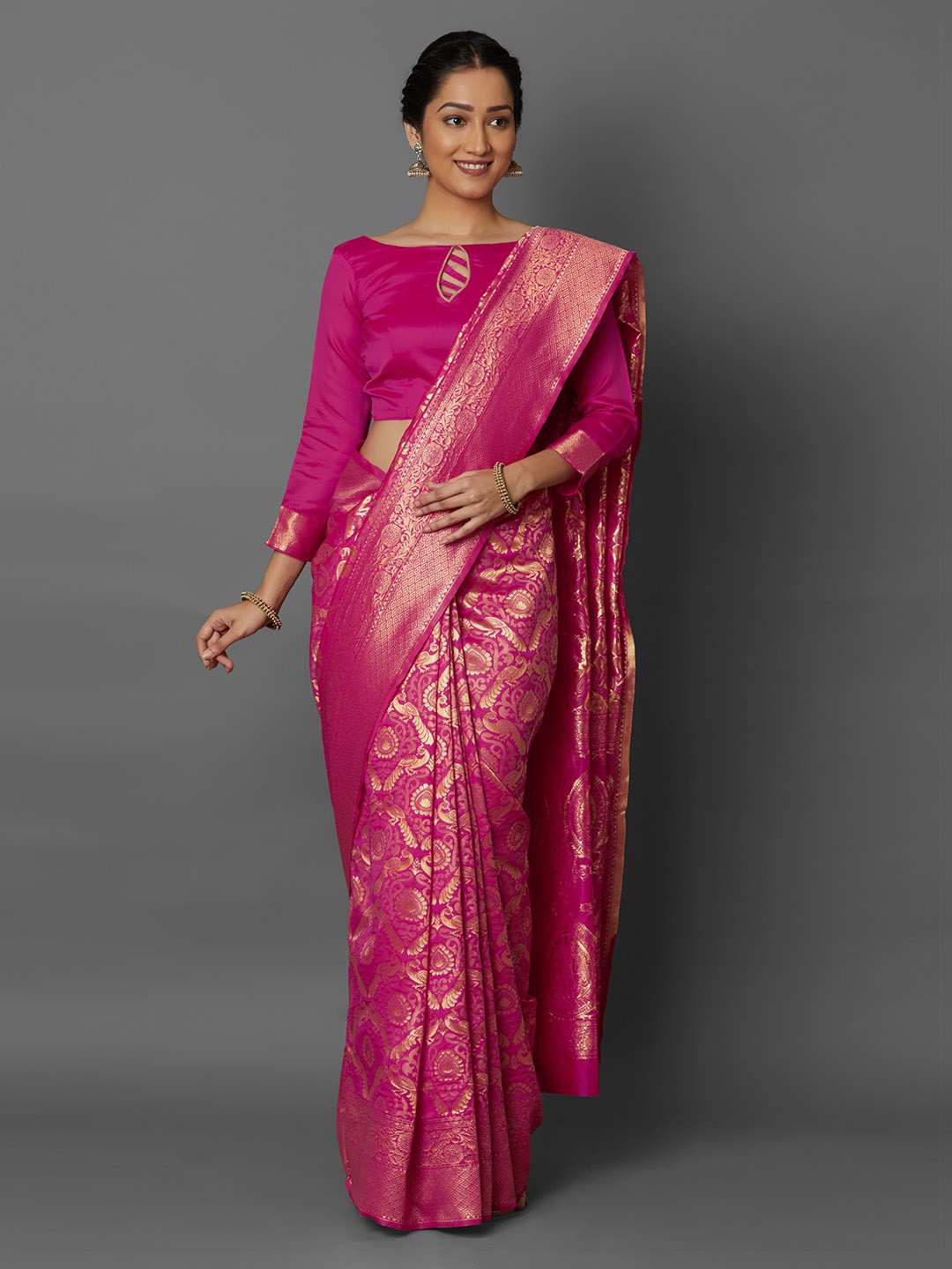

Mitera Pink & Gold-Toned Silk Blend Woven Design Kanjeevaram Saree