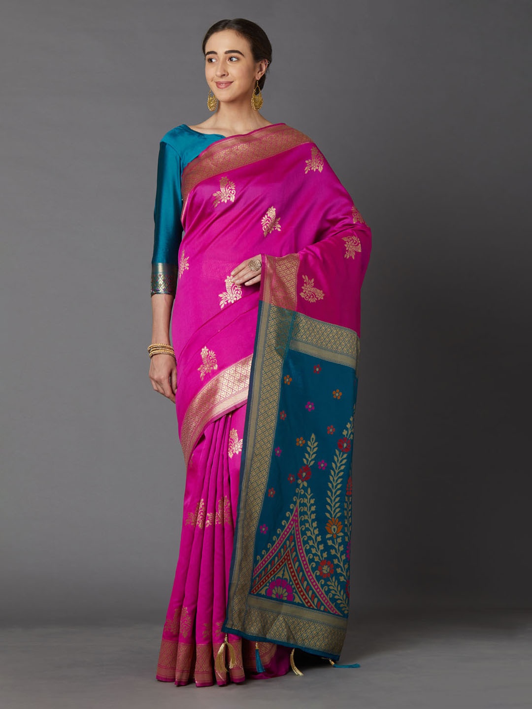 

Mitera Pink & Blue Silk Blend Woven Design Kanjeevaram Saree