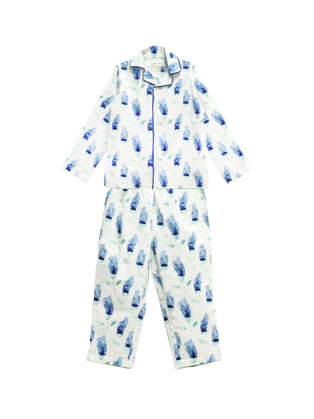 

My Little Lambs Boys Off White & Blue Printed Night suit
