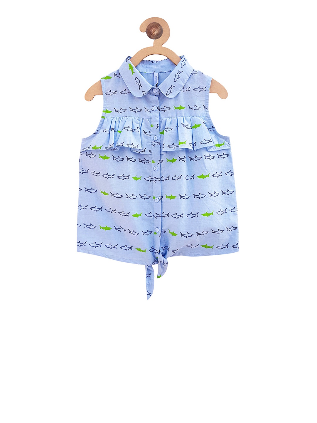 

Campana Girls Blue Printed Shirt Style Pure Cotton Top