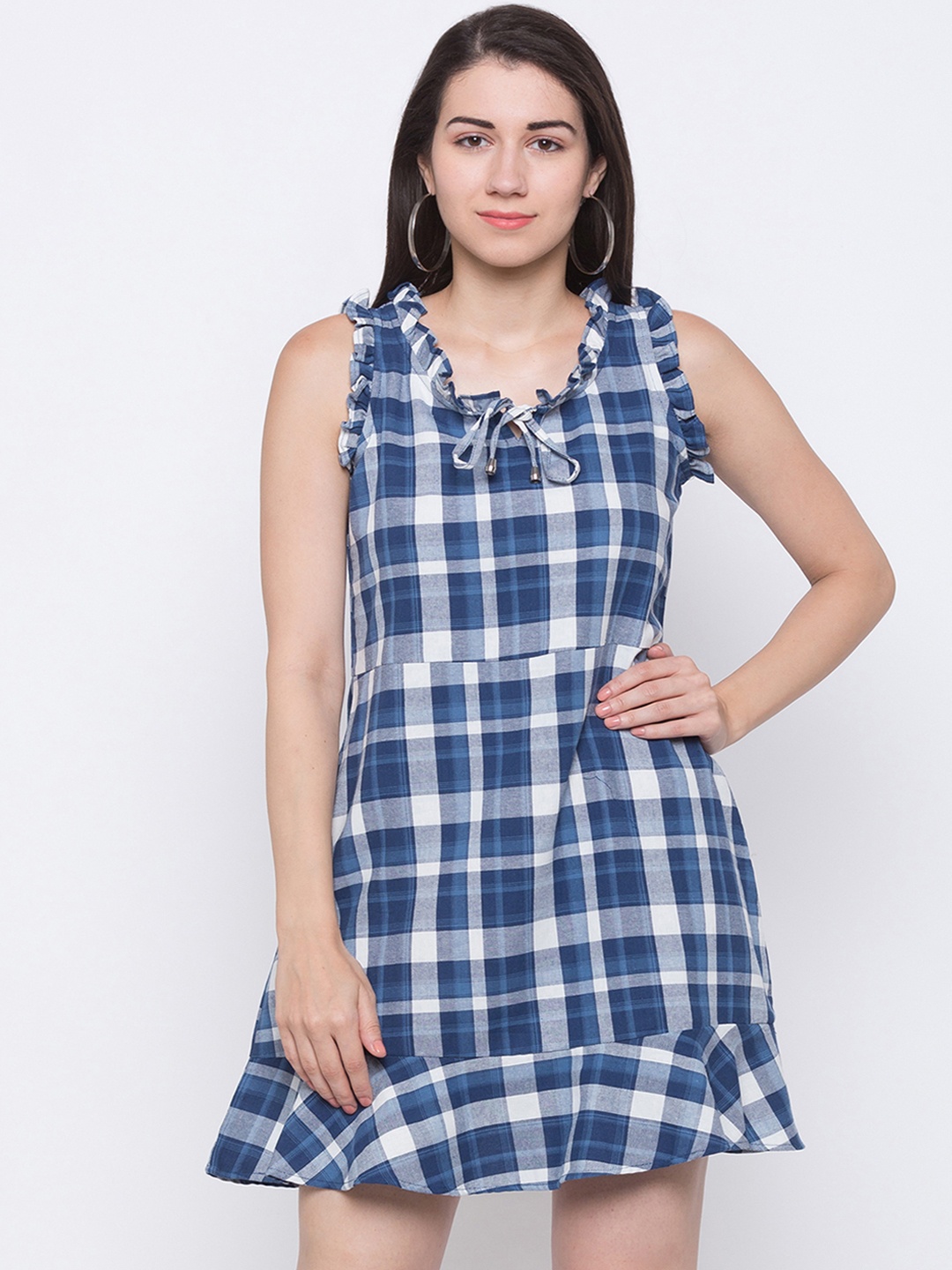 

Globus Women Navy Blue & White Checked Fit and Flare Dress