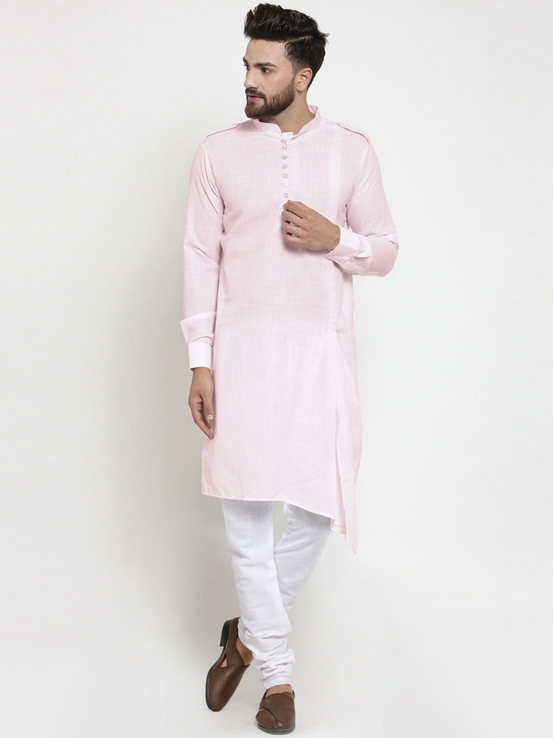 

TREEMODA Men Pink & White Solid Kurta with Churidar