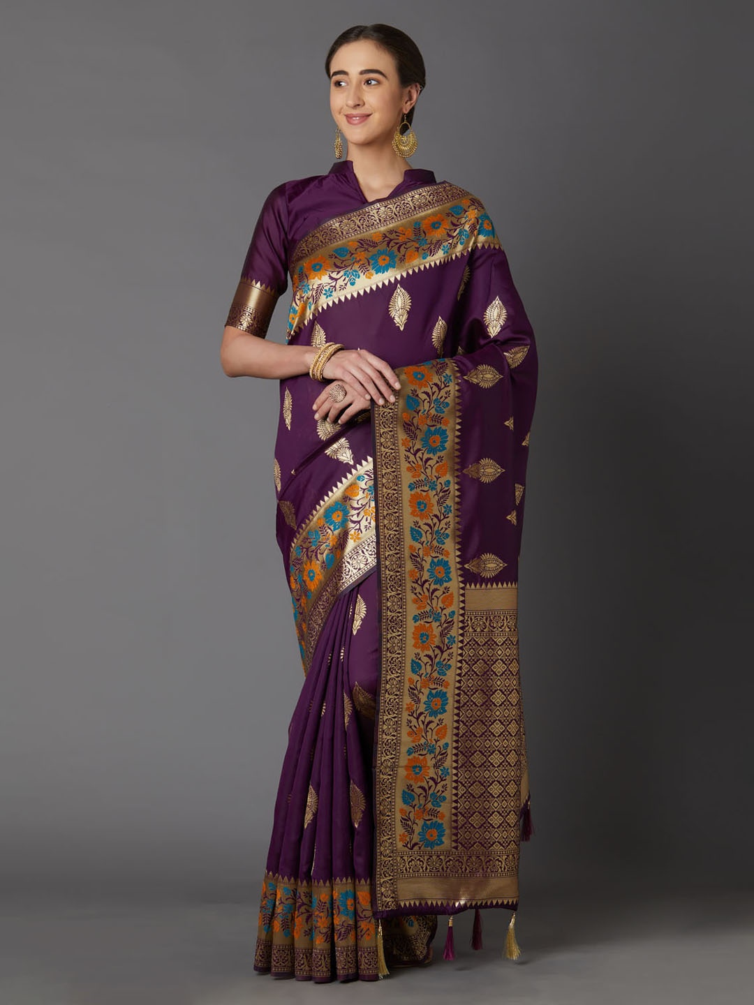 

Mitera Purple & Gold-Coloured Silk Blend Woven Design Kanjeevaram Saree