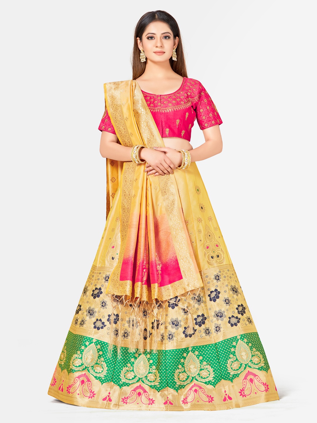 

MIMOSA Yellow & Pink Embroidered Semi-Stitched Lehenga & Blouse with Dupatta