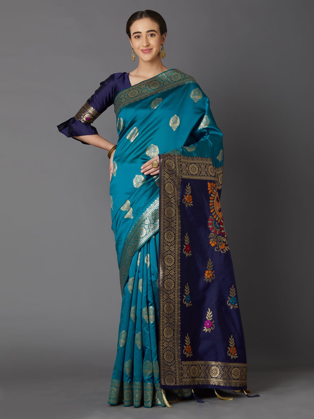 

Mitera Teal Blue & Gold-Coloured Silk Blend Woven Design Kanjeevaram Saree