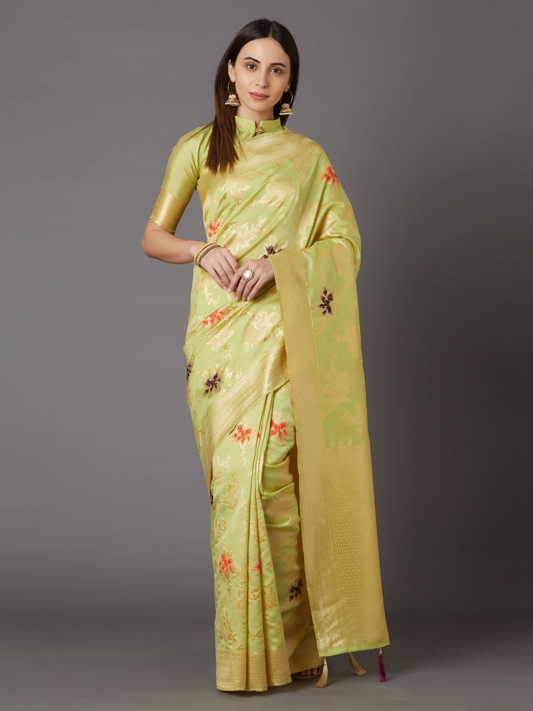 

Mitera Lime Green & Gold-Coloured Silk Blend Woven Design Kanjeevaram Saree