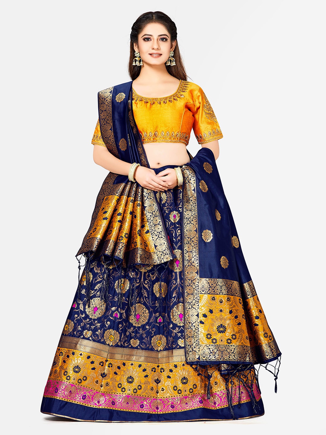 

MIMOSA Blue & Yellow Embroidered Semi-Stitched Lehenga & Blouse with Dupatta