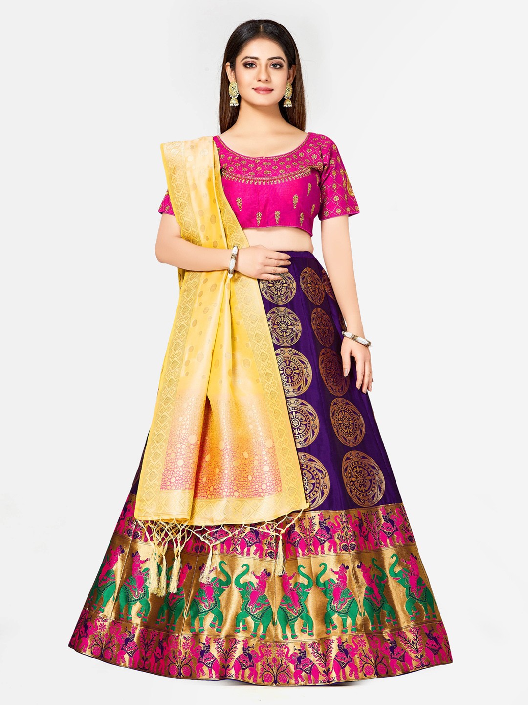 

MIMOSA Purple & Pink Embroidered Semi-Stitched Lehenga & Blouse with Dupatta
