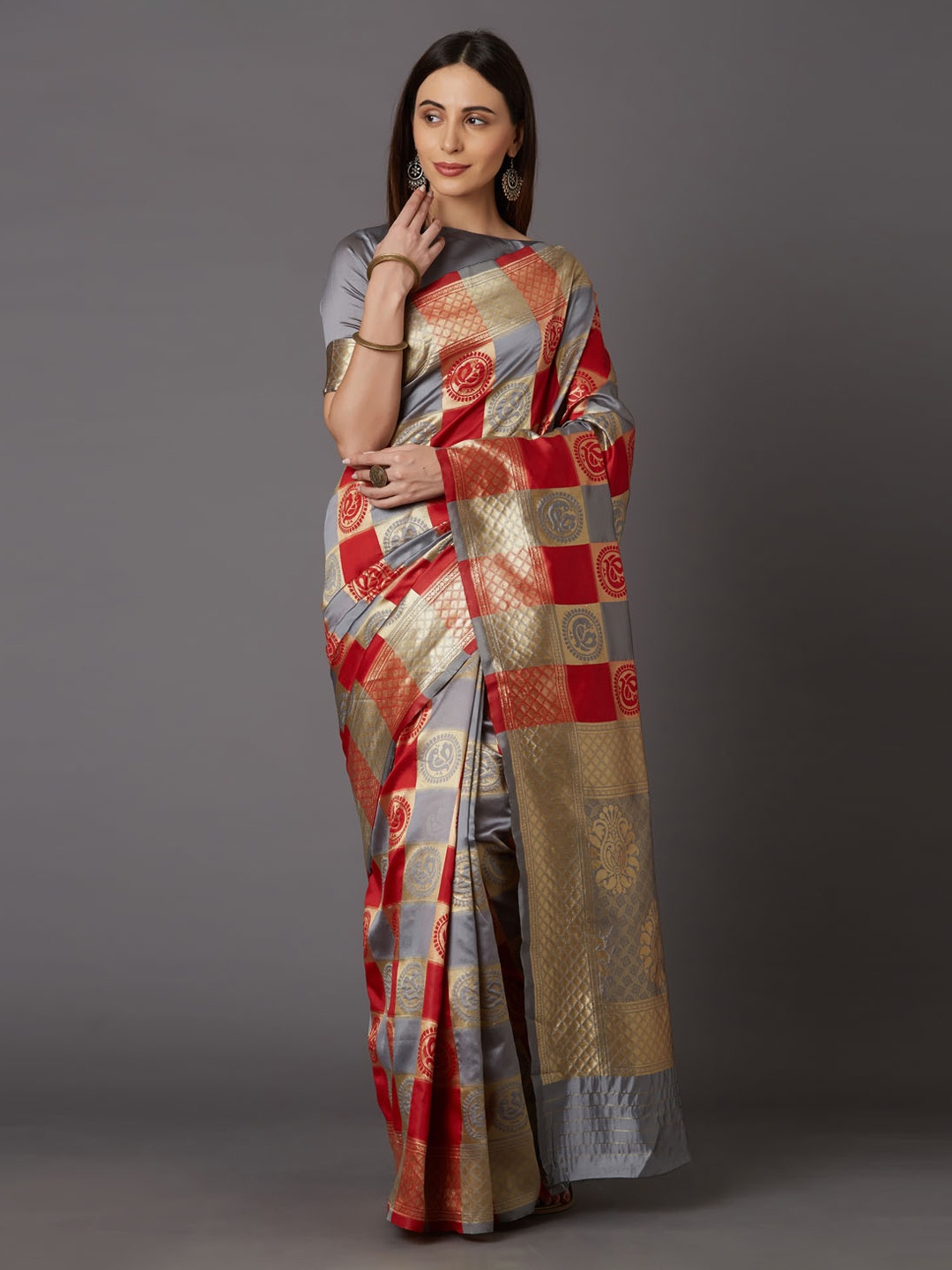 

Mitera Grey & Red Silk Blend Woven Design Kanjeevaram Saree