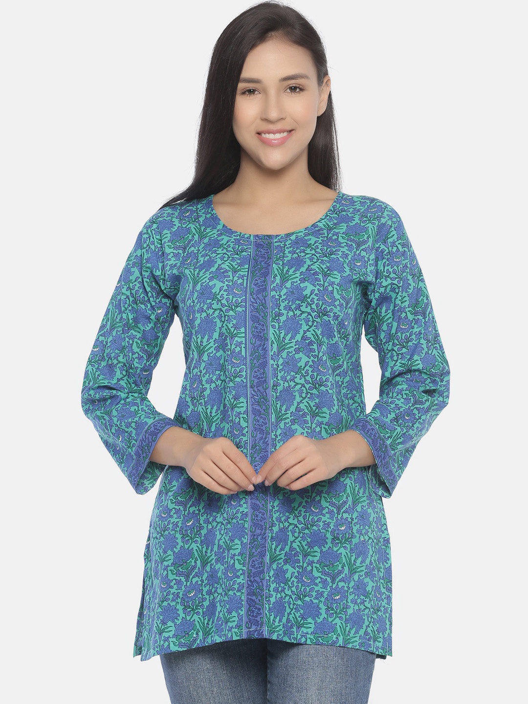 

Resha Women Blue & Green Block Printed Pure Cotton Handloom Straight Kurti