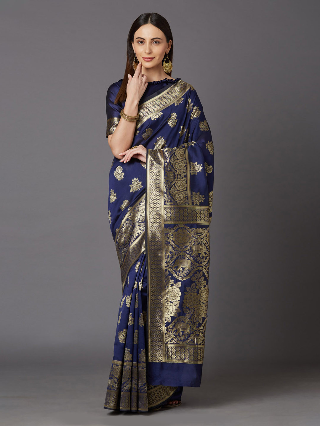 

Mitera Navy Blue & Gold-Toned Silk Blend Woven Design Kanjeevaram Saree