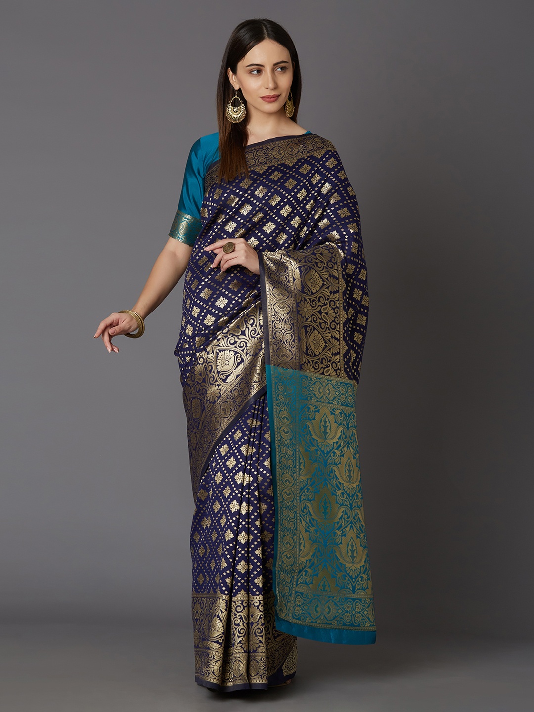 

Mitera Navy Blue & Gold-Toned Silk Blend Woven Design Kanjeevaram Saree