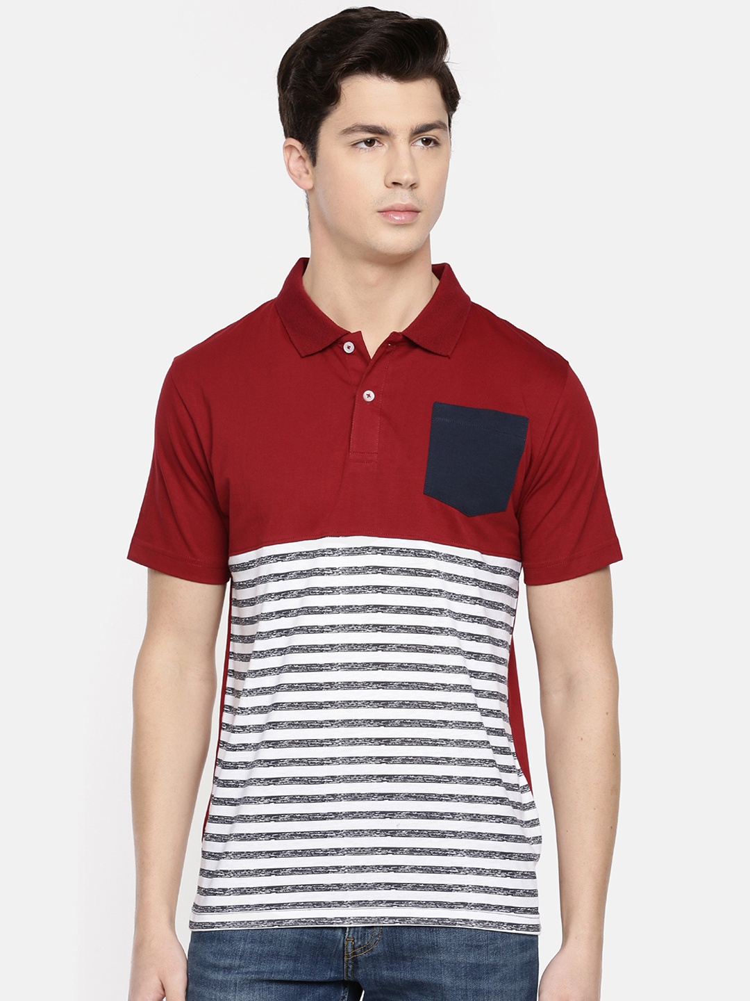 

Chennis Men Maroon & White Striped Polo Collar T-shirt