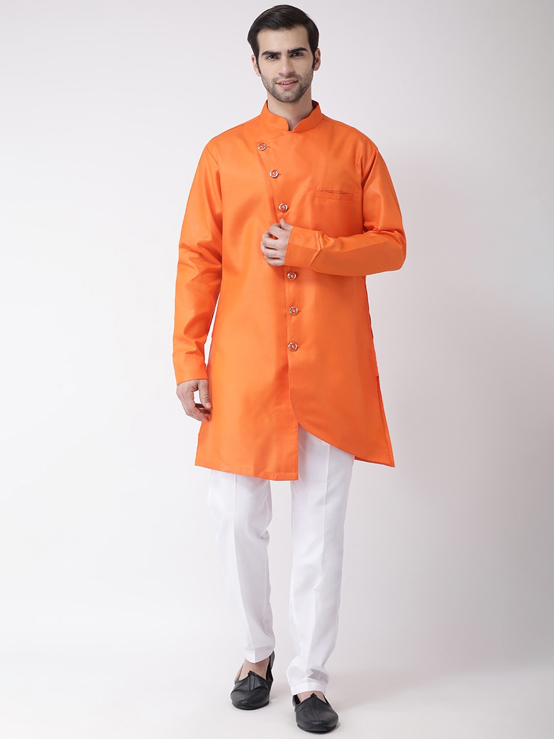 SG LEMAN Men Orange & White Solid Kurta with Trousers