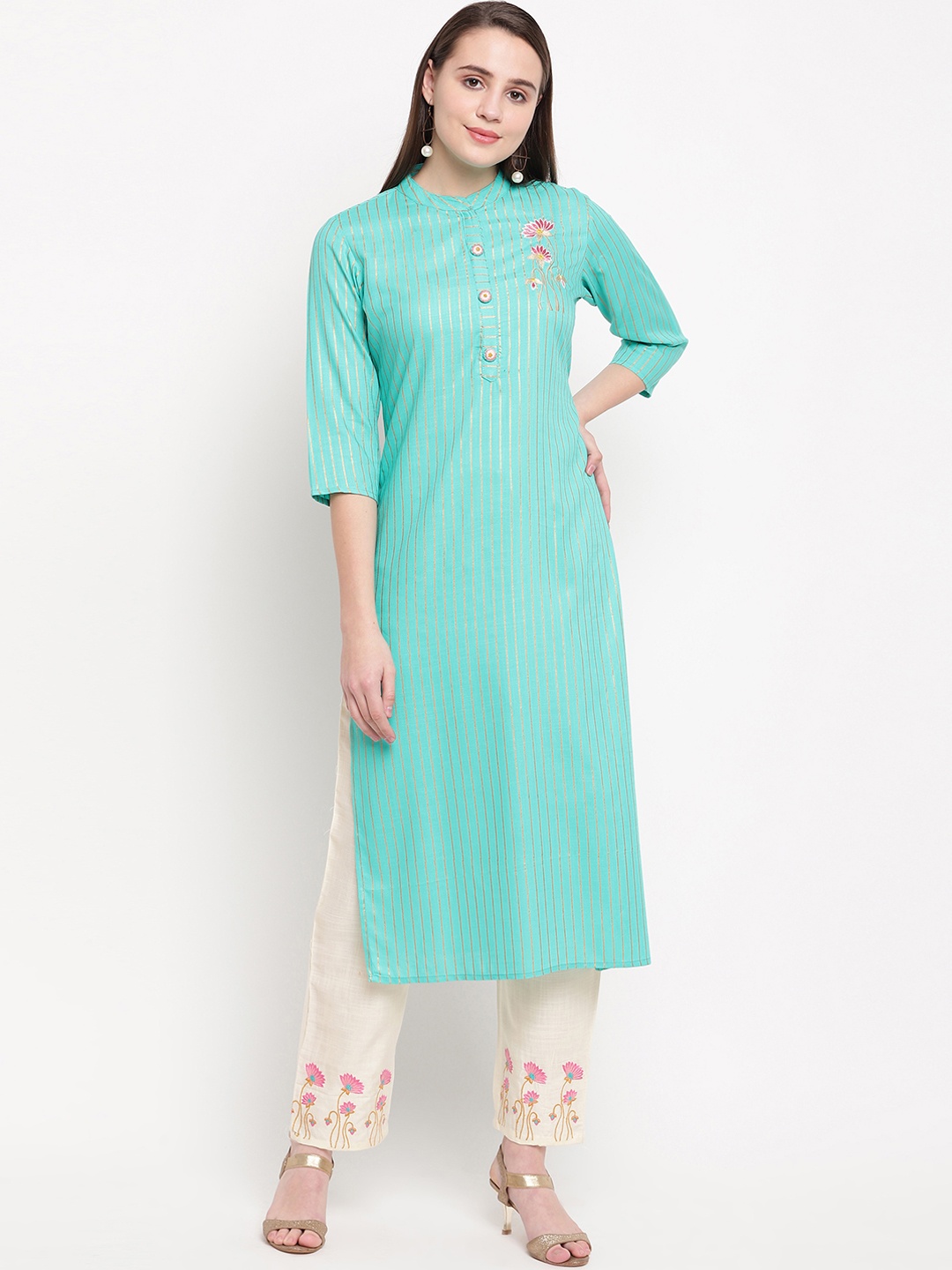 

Vbuyz Women Turquoise Blue Embroidered Regular Kurta with Trousers