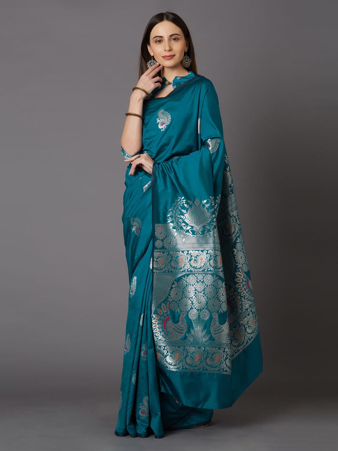 Mitera Turquoise Blue & Silver-Toned Silk Blend Woven Design Kanjeevaram Saree