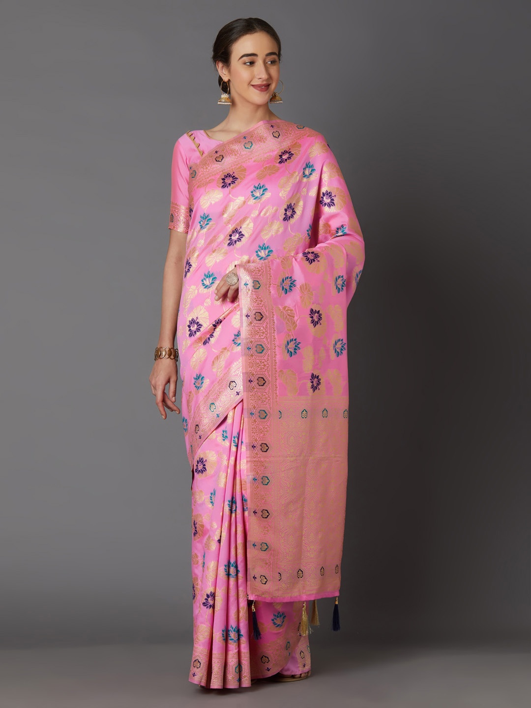 

Mitera Pink & Gold-Coloured Silk Blend Woven Design Kanjeevaram Saree