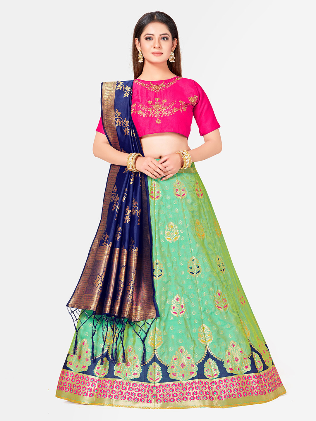 

MIMOSA Blue & Green Embroidered Semi-Stitched Lehenga & Blouse with Dupatta