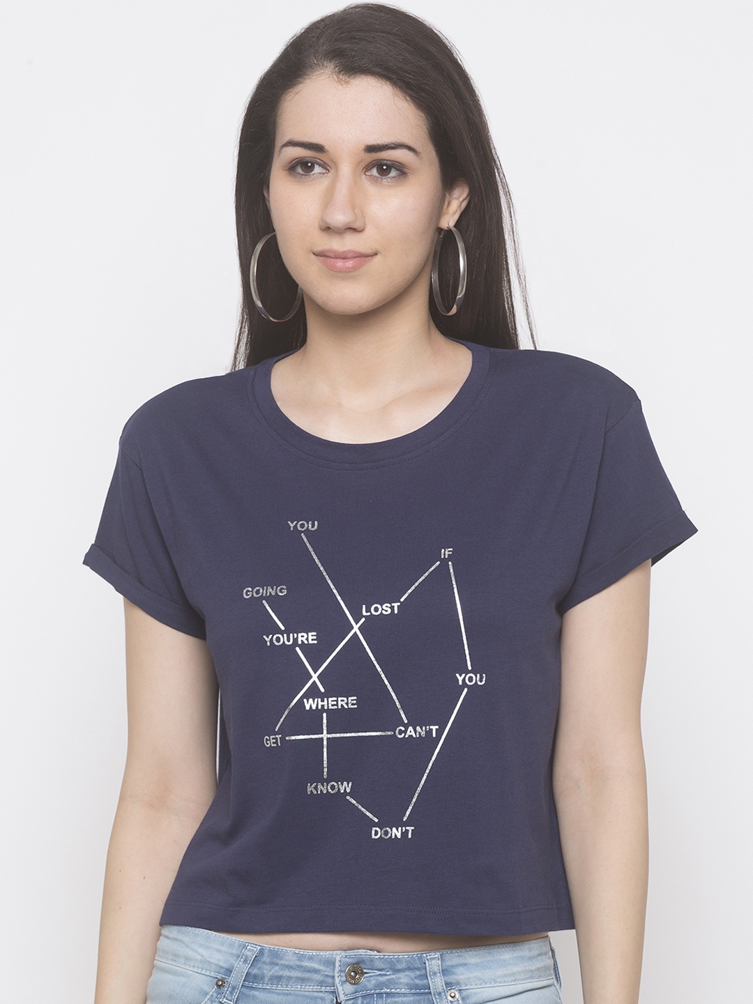 Globus Women Navy Blue Printed Round Neck T-shirt