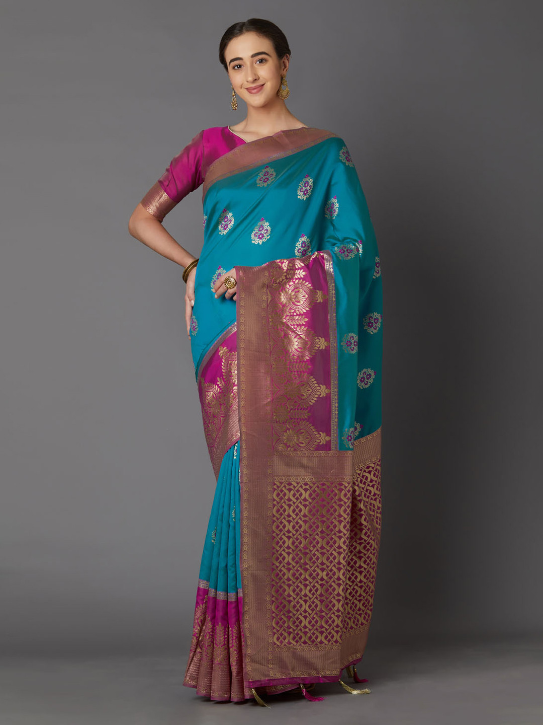 

Mitera Blue & Magenta Silk Blend Woven Design Kanjeevaram Saree